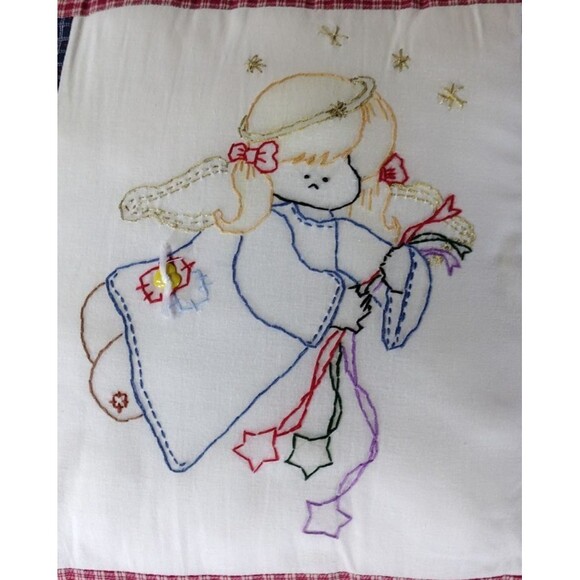 Vintage Angel Throw Pillow Needlepoint Stars Plaid Handmade 14x14" - Picture 2 of 9